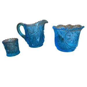 Lot of 3 Vintage Kemple Blue/Aqua Glass Pieces. Pitcher, Toothpick, Sugar bowl?